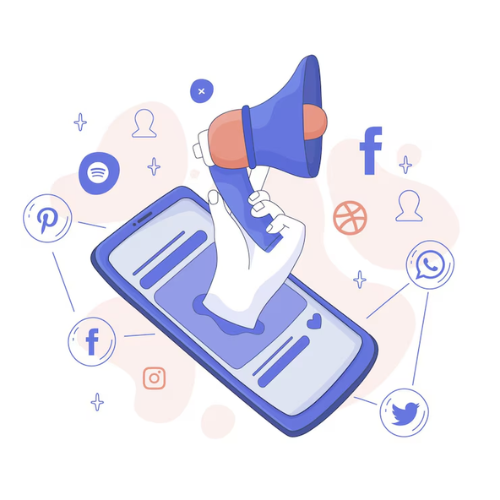 The image depicts a hand emerging from a smartphone screen, holding a megaphone, symbolizing digital marketing, social media promotion, or online communication. Surrounding the phone are icons of various social media platforms like Facebook, Twitter, Instagram, WhatsApp, and Pinterest, emphasizing social media engagement and outreach. The illustration uses a modern, flat design style with a soft color palette.