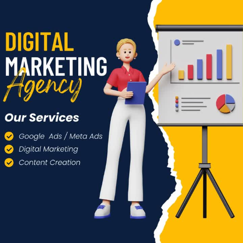 This image is a promotional graphic for a Digital Marketing Agency. It features a 3D character pointing at a presentation board with colorful charts, symbolizing marketing data and analytics. The image highlights the agency's services, including Google Ads/Meta Ads, Digital Marketing, and Content Creation, using a modern and visually appealing design.
