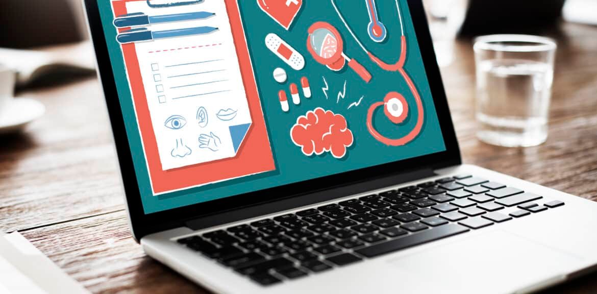 Laptop screen showing medical icons and health charts for SEO for doctors and clinics in India
